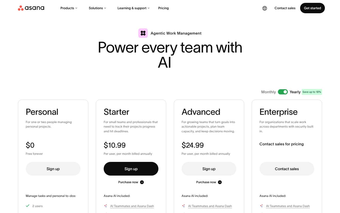 Asana pricing page screenshot