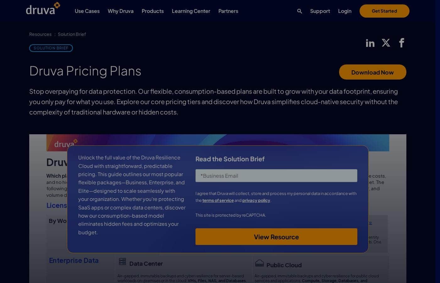 Druva pricing page screenshot