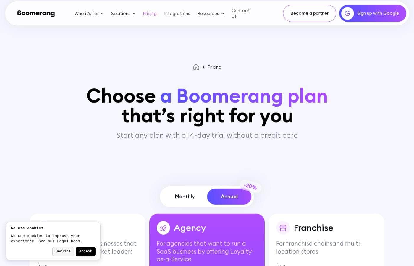 Boomerangme pricing page screenshot