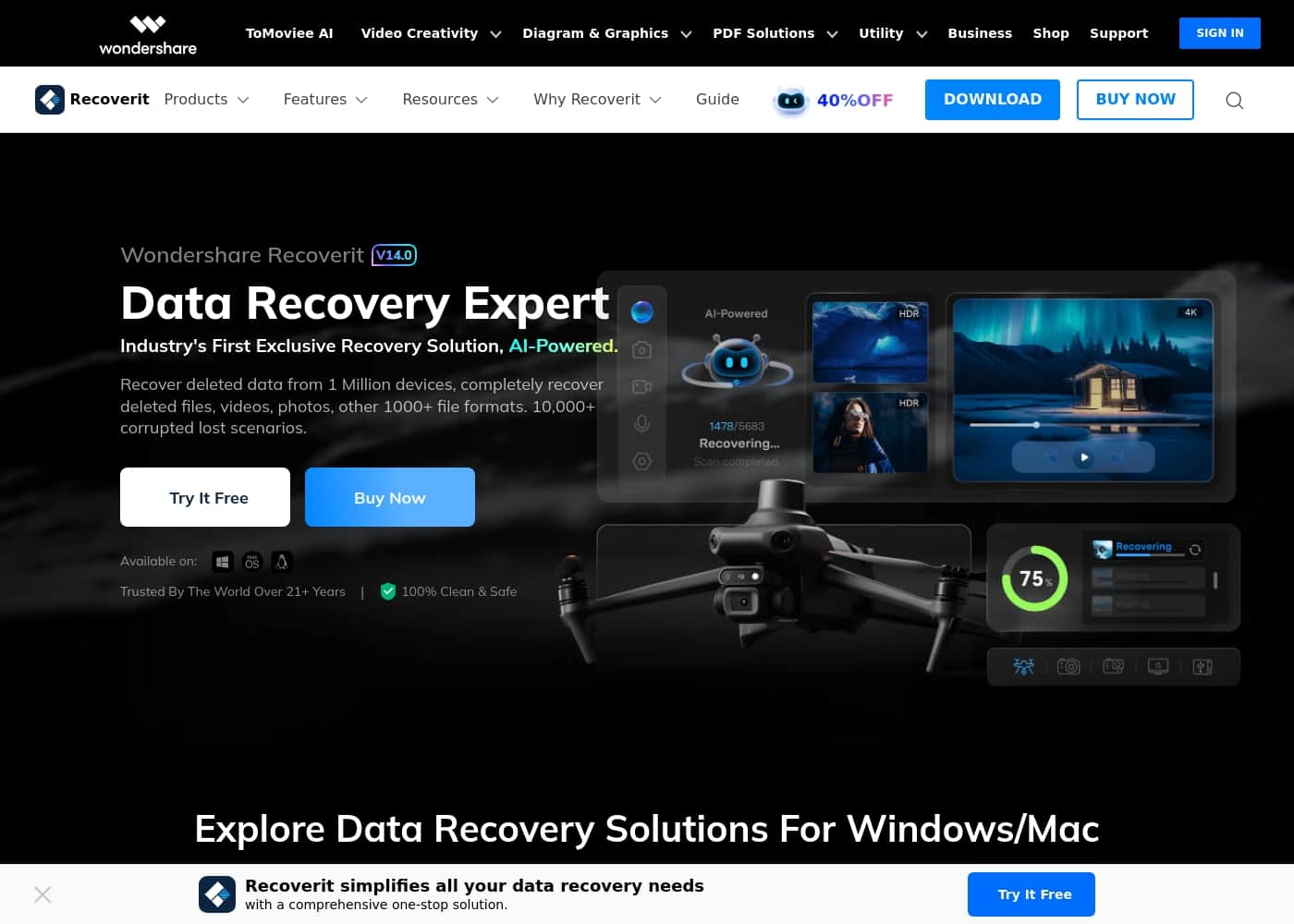 Captura de pantalla de la página de inicio de Recoverit