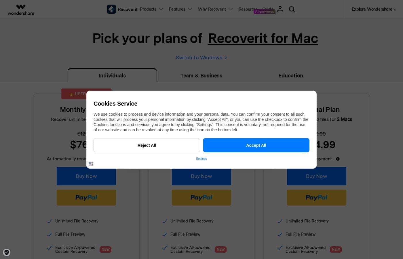 Recoverit pricing page screenshot