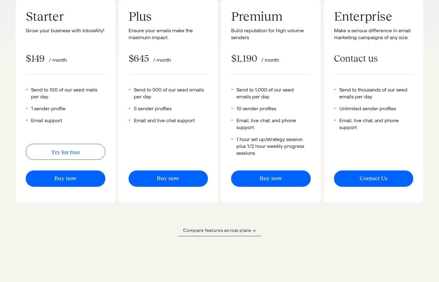 InboxAlly pricing page screenshot