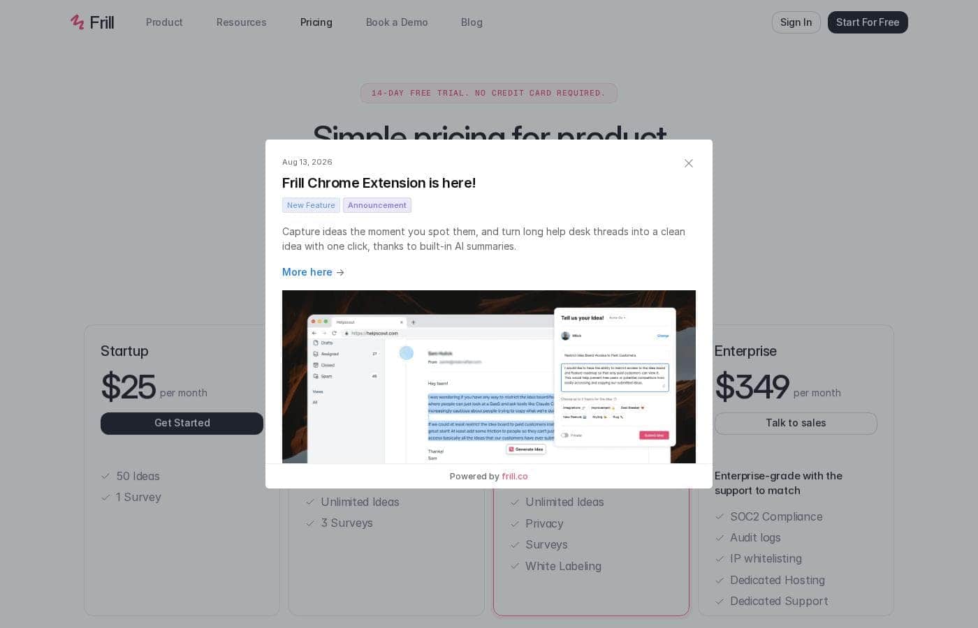 Frill pricing page screenshot