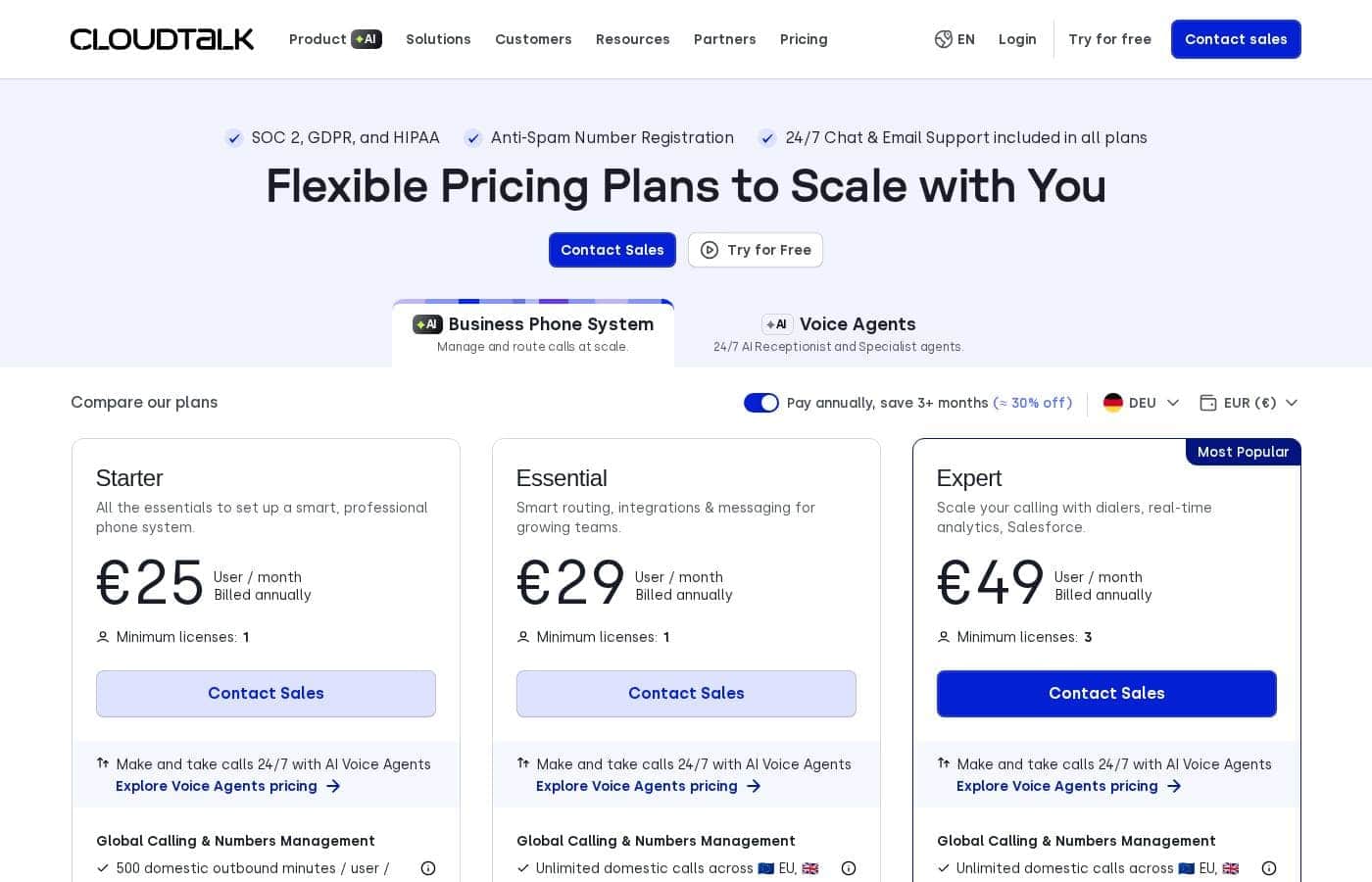CloudTalk pricing page screenshot