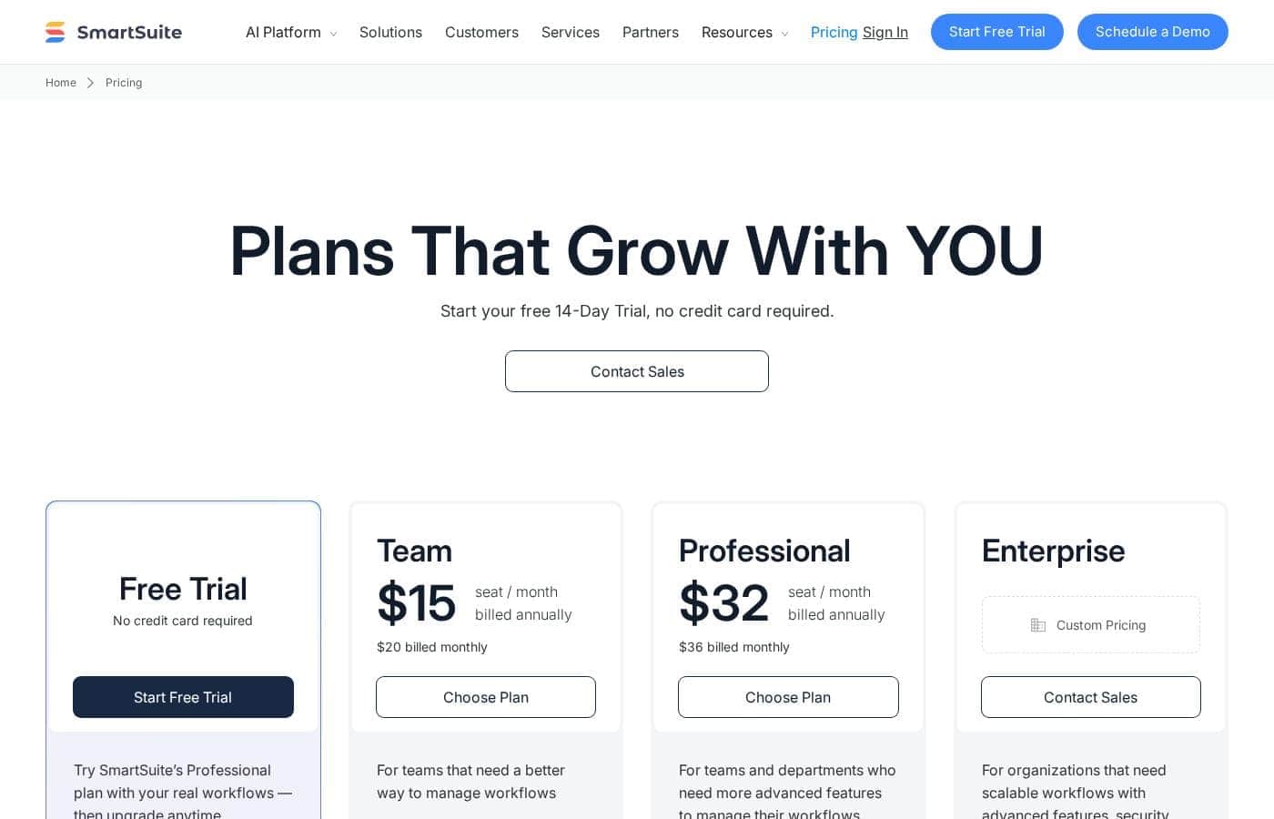 SmartSuite pricing page screenshot