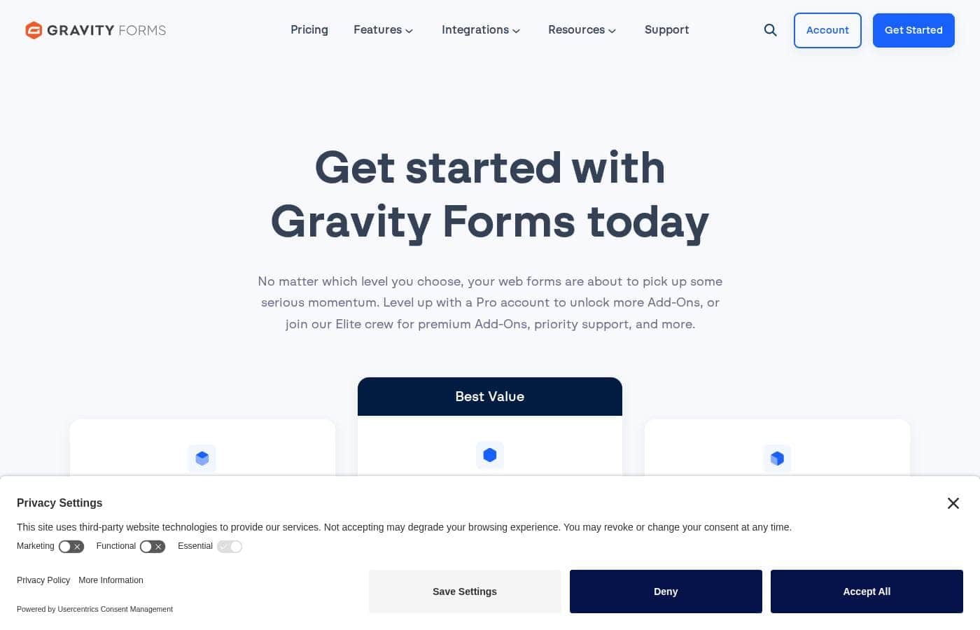 Gravity Forms pricing page screenshot
