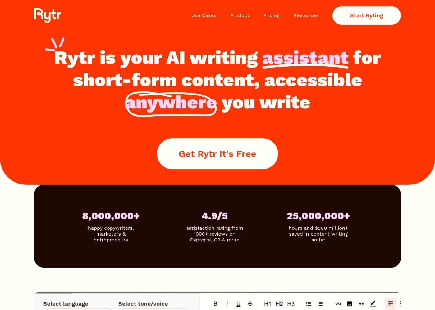ภาพหน้าจอหลักของ Rytr
