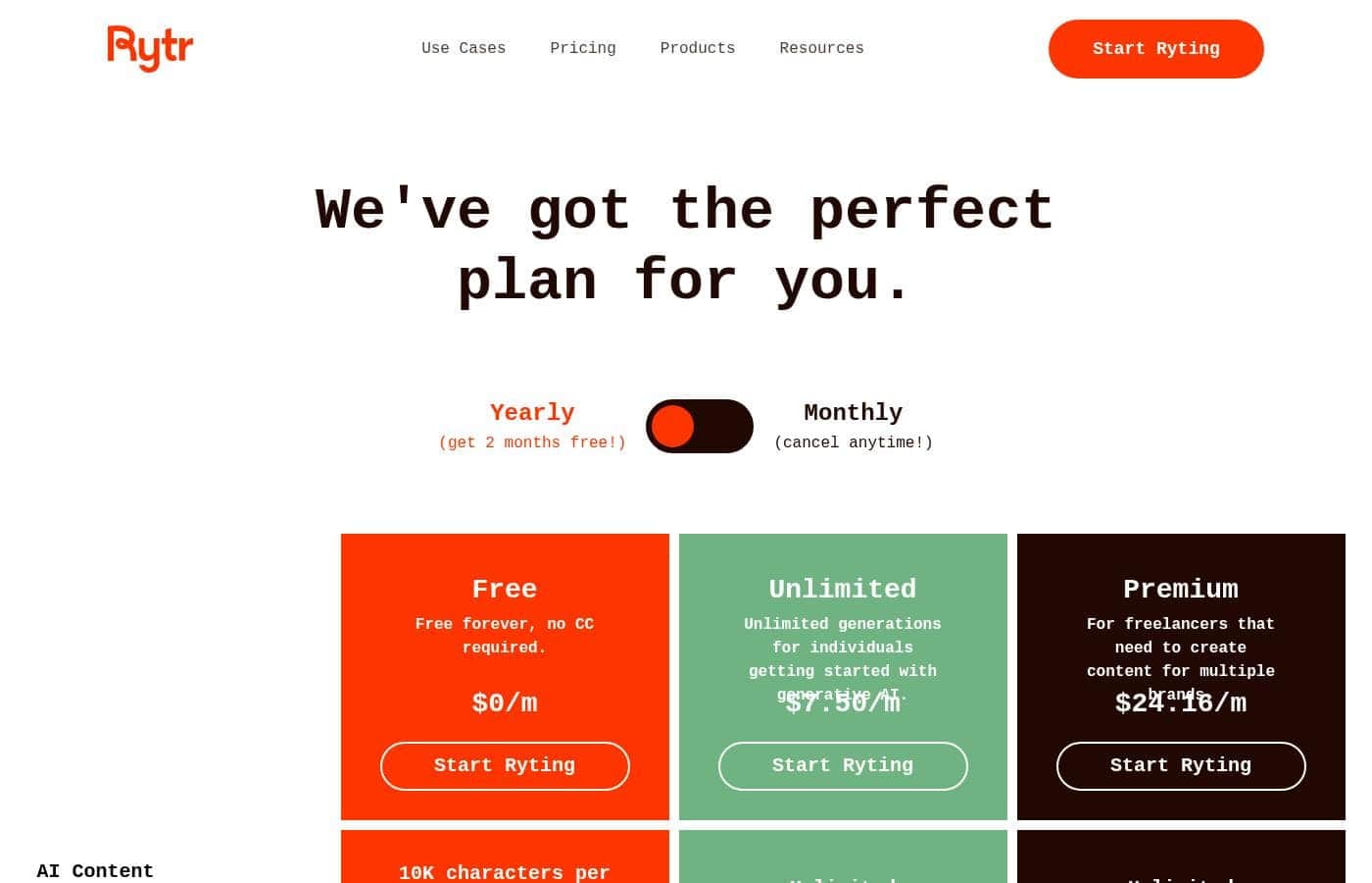 Rytr pricing page screenshot