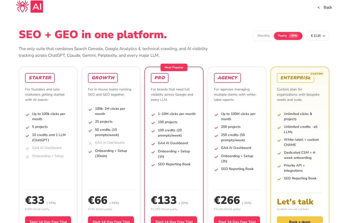 SEOcrawl pricing page screenshot