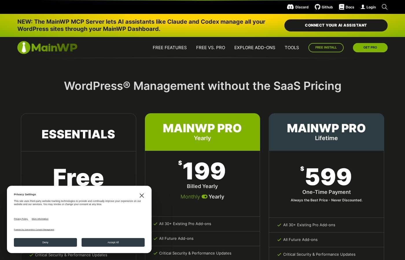 MainWP pricing page screenshot
