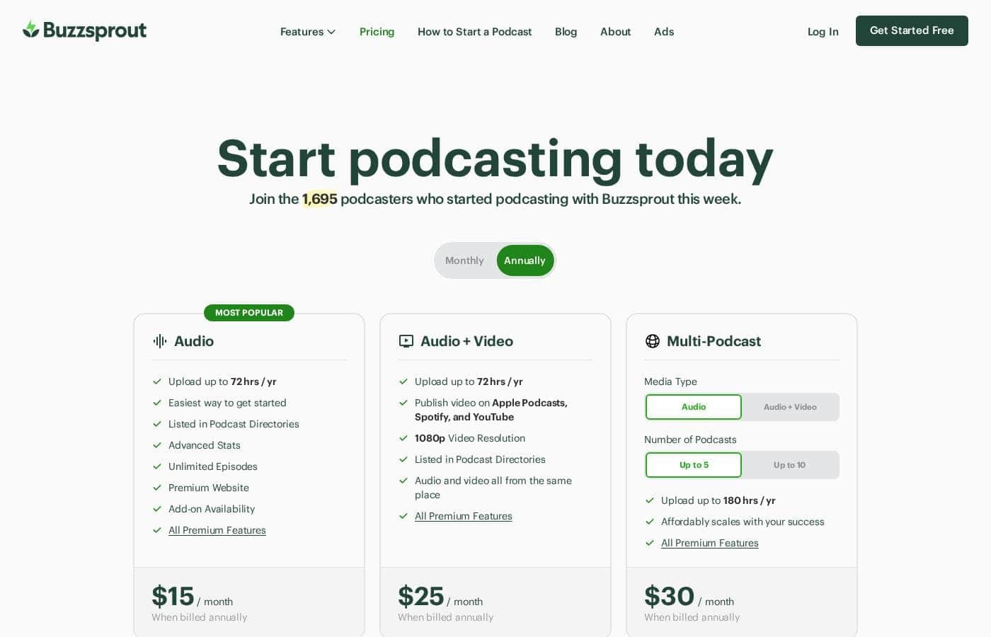Buzzsprout pricing page screenshot