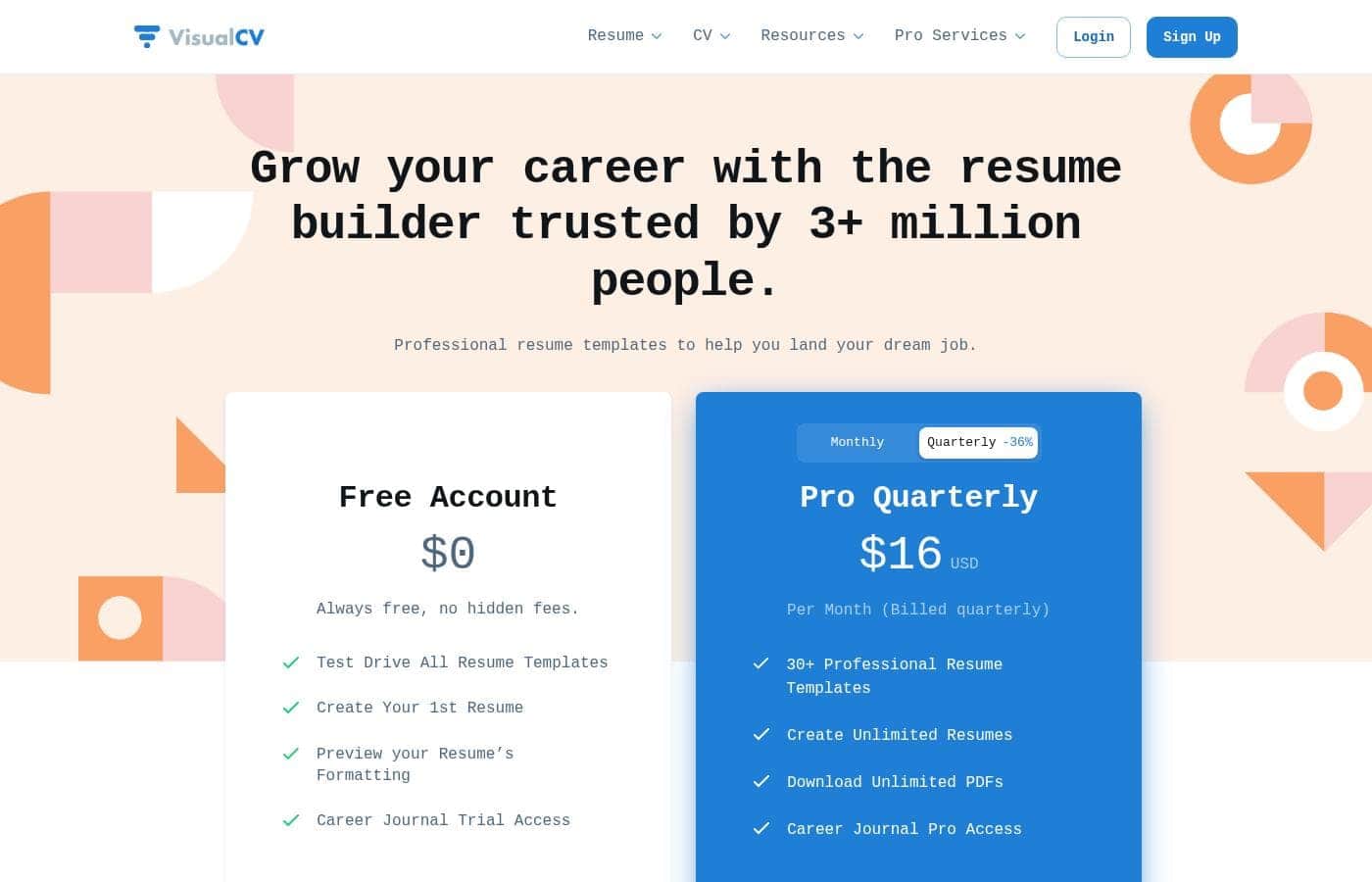 VisualCV pricing page screenshot
