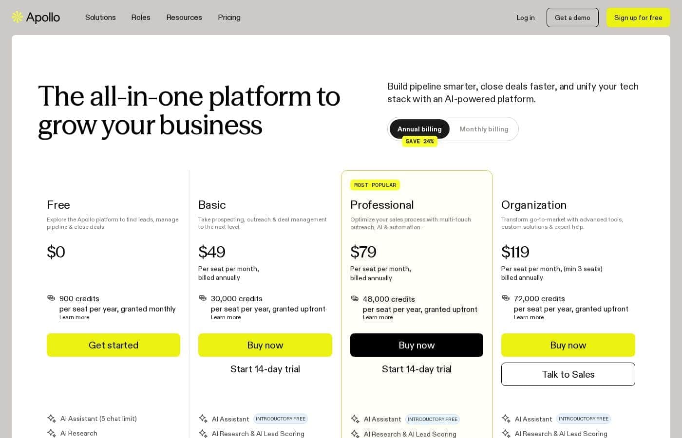 Apollo.io pricing page screenshot