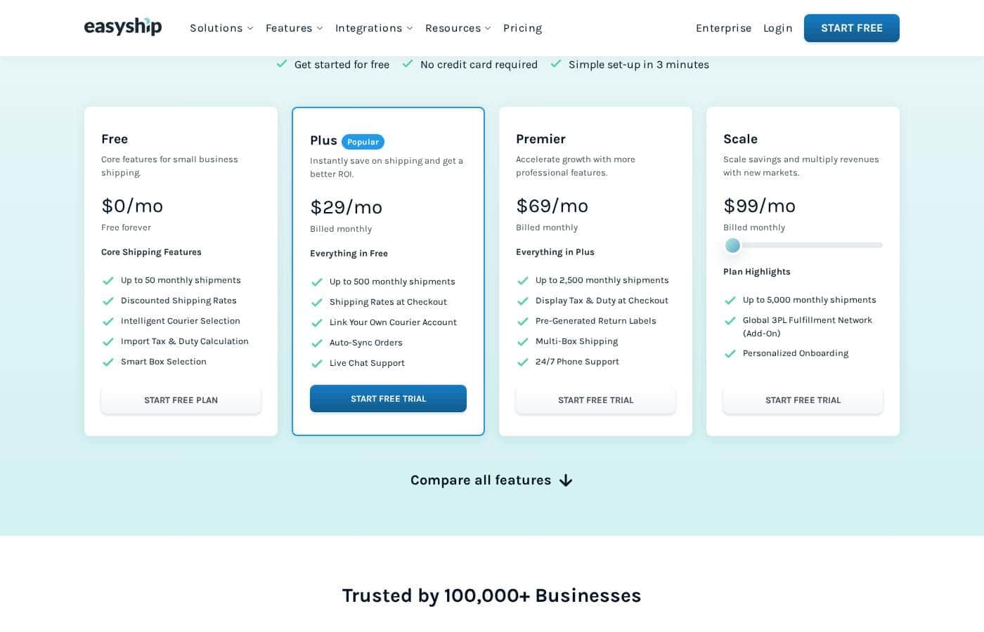 Easyship pricing page screenshot