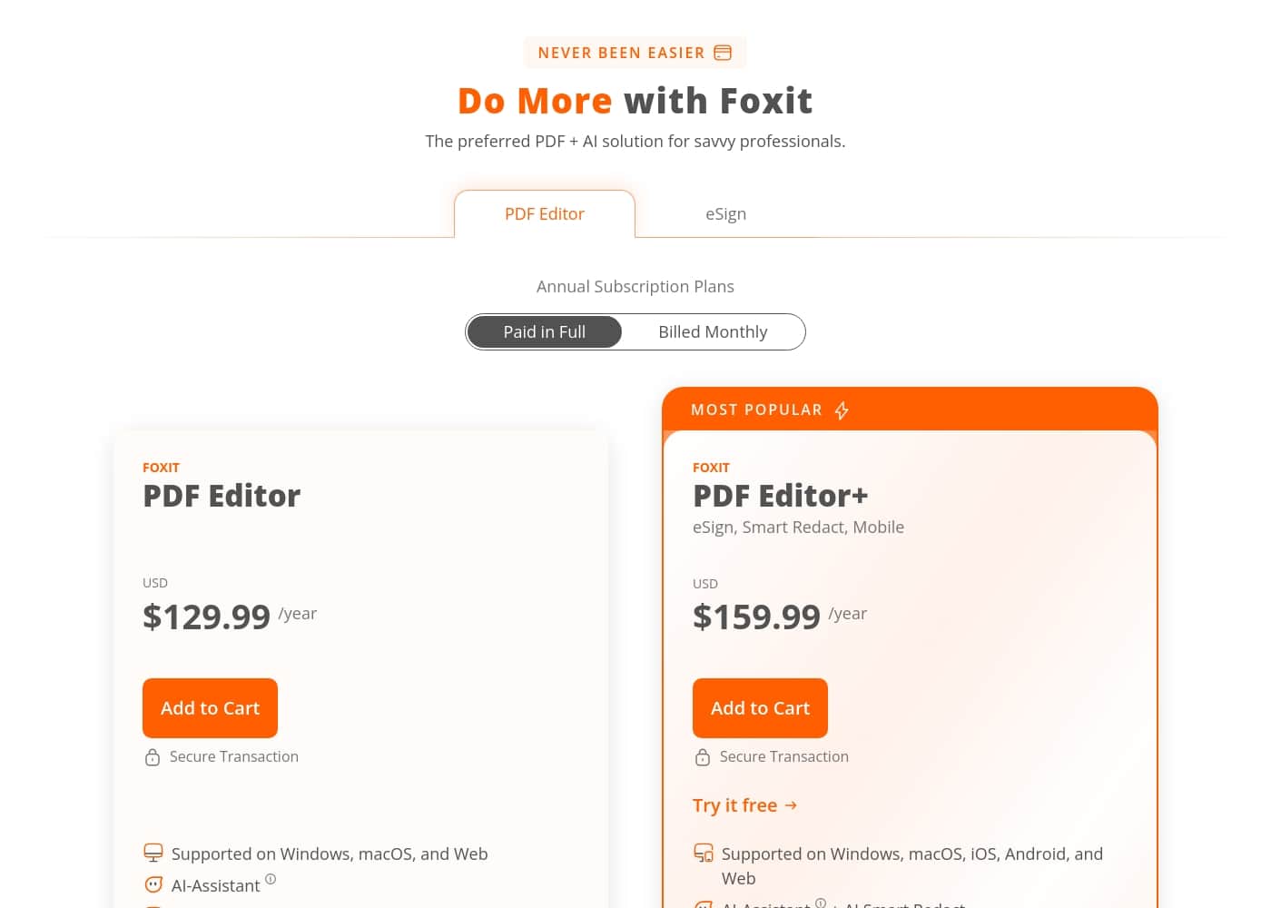 Foxit PDF Editor pricing page screenshot