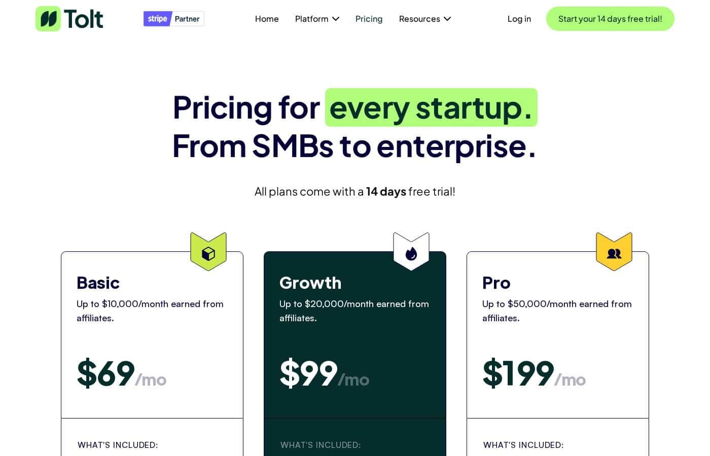 Tolt pricing page screenshot
