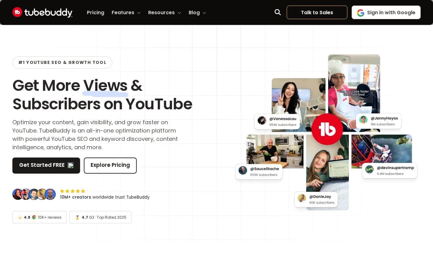 TubeBuddy 홈페이지 스크린샷