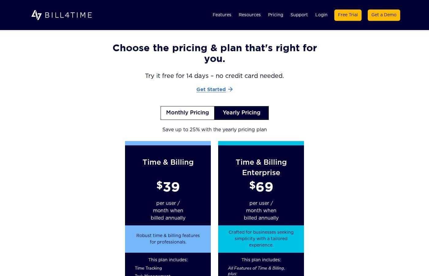 Captura de la página de precios de Bill4Time