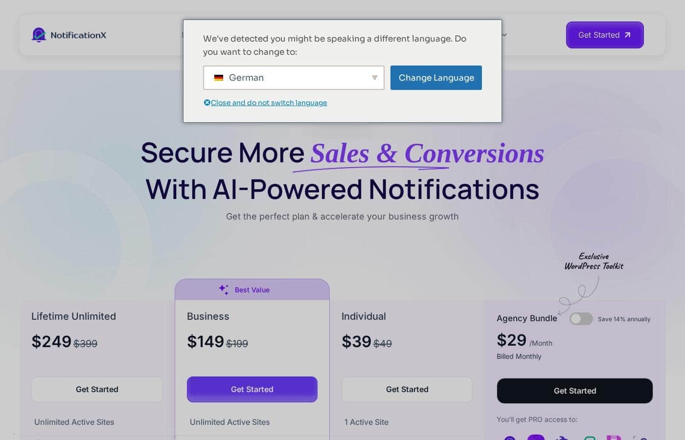 NotificationX pricing page screenshot