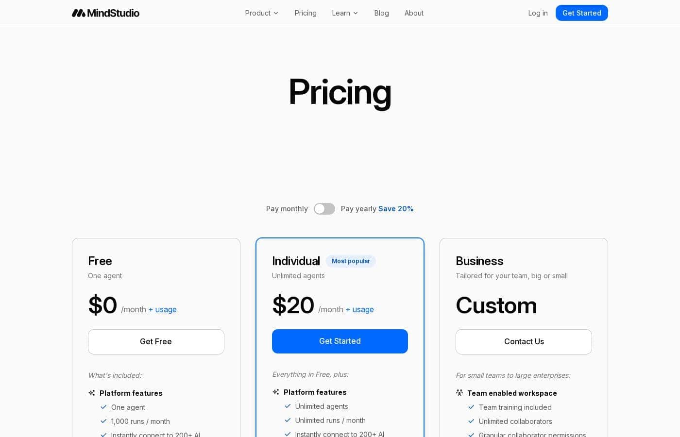 MindStudio pricing page screenshot