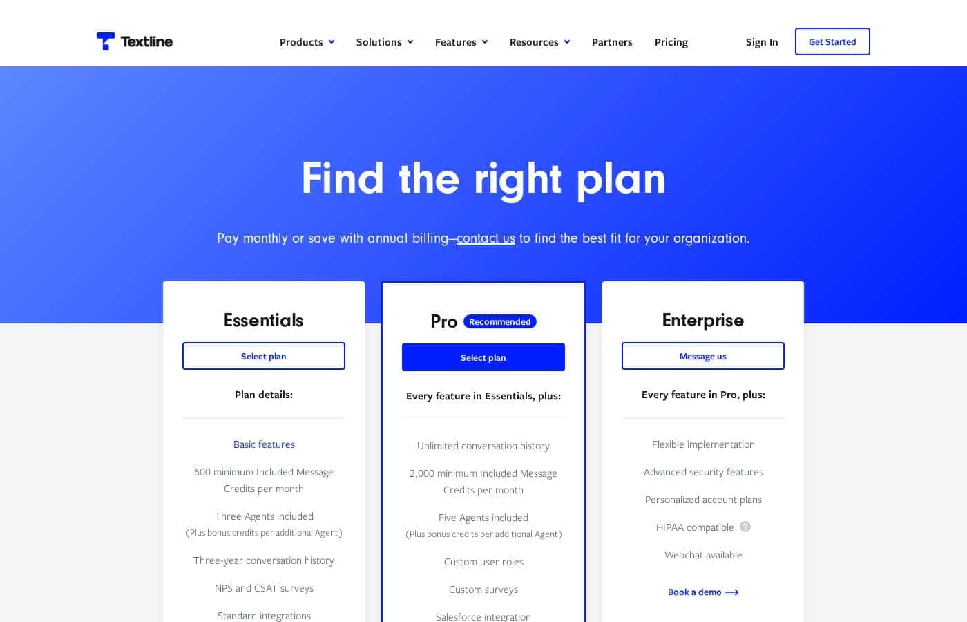 Textline pricing page screenshot