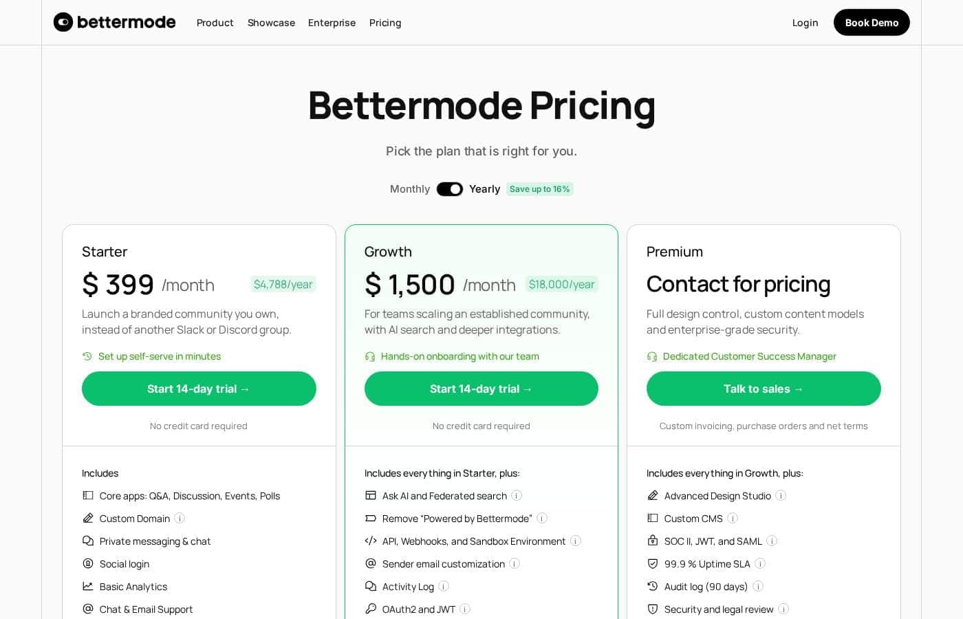 Bettermode pricing page screenshot