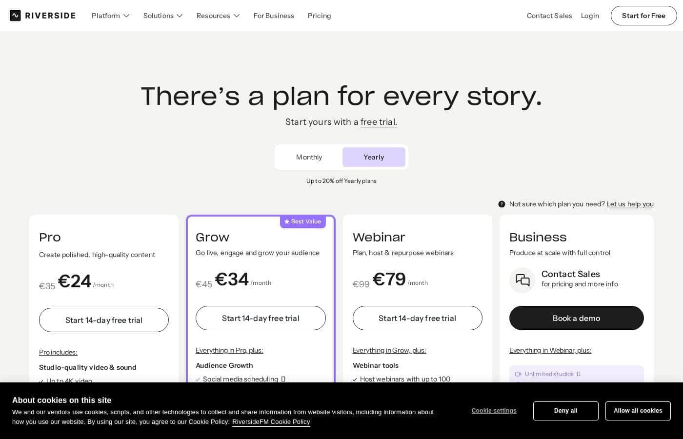 Screenshot della pagina prezzi di Riverside.com