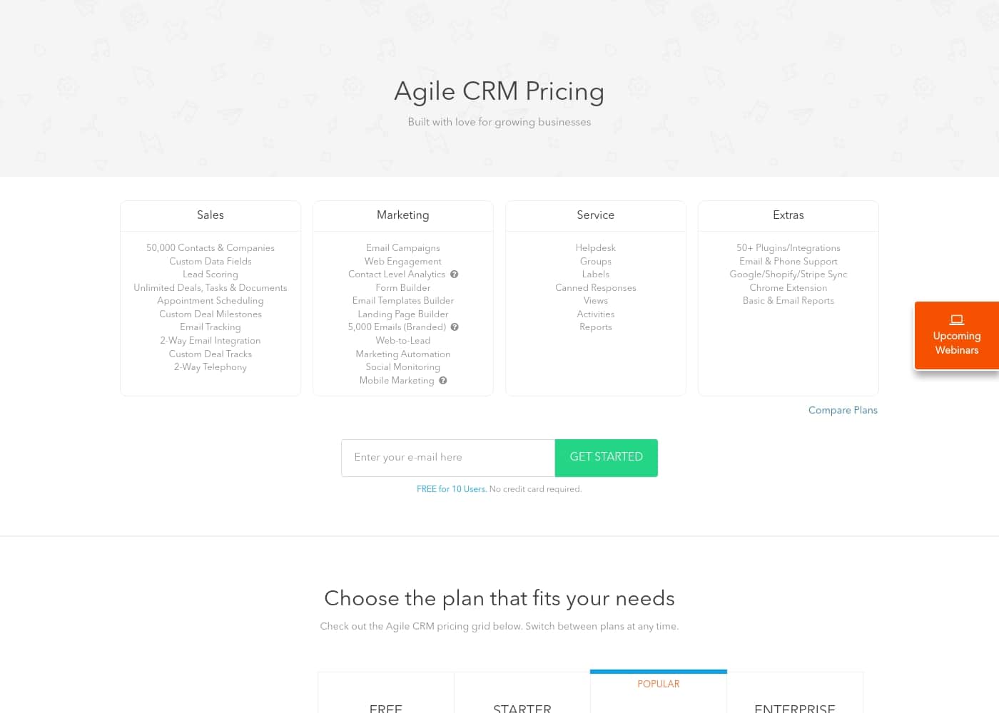 Agile CRM pricing page screenshot