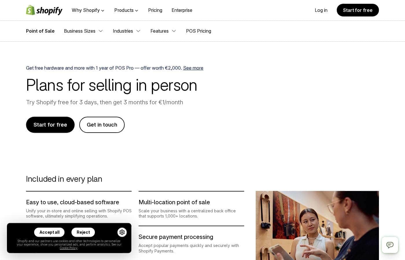 Capture d'écran de la page tarifs de Shopify POS