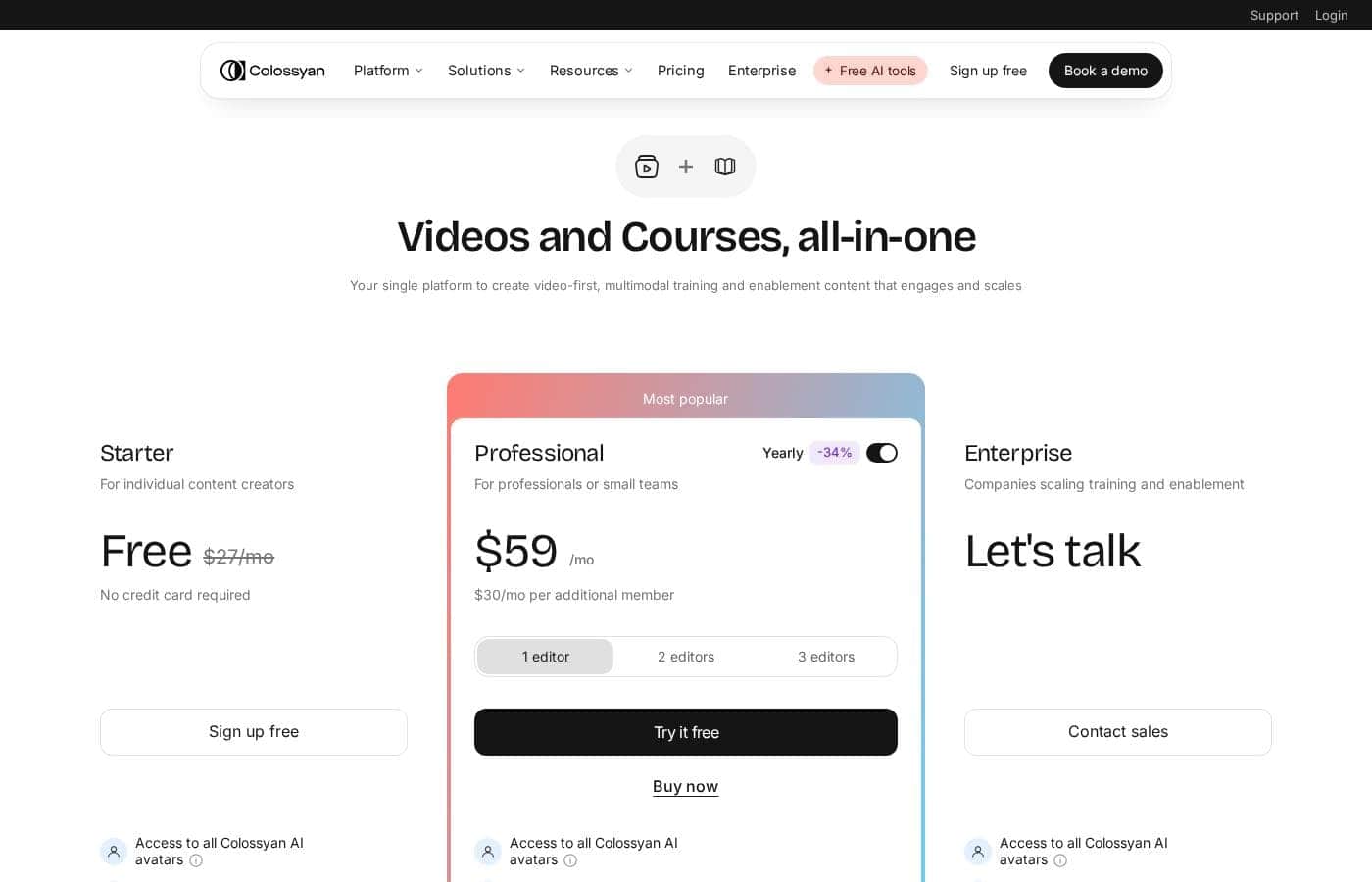 Screenshot della pagina prezzi di Colossyan Creator