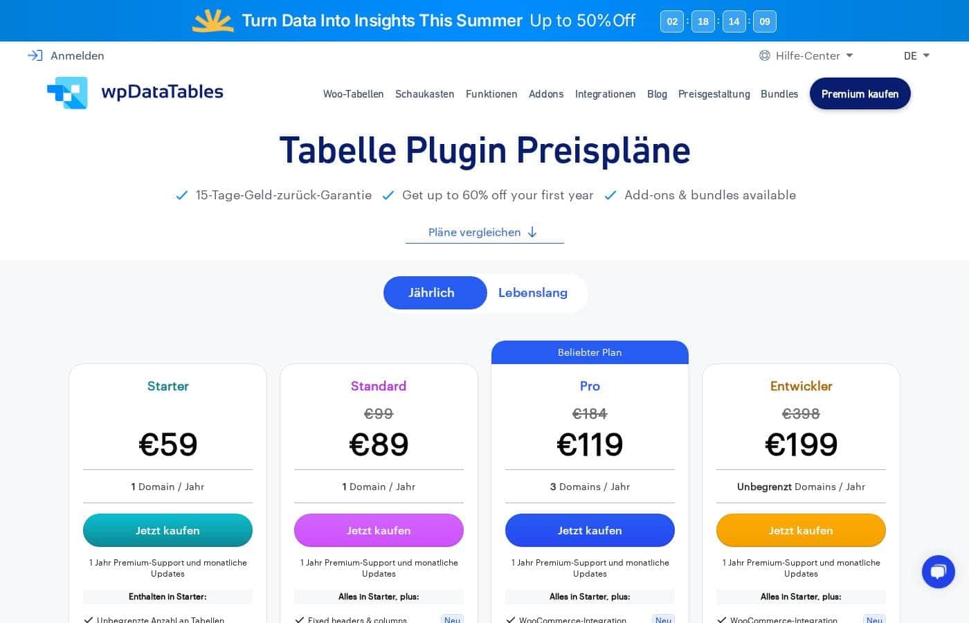 Zrzut ekranu cennika wpDataTables