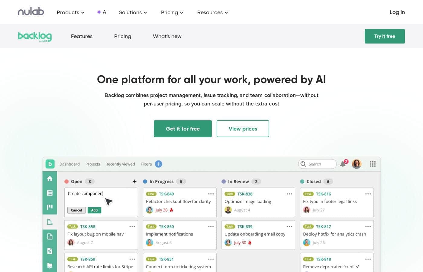 Capture d'écran de la page d'accueil Backlog by Nulab Inc