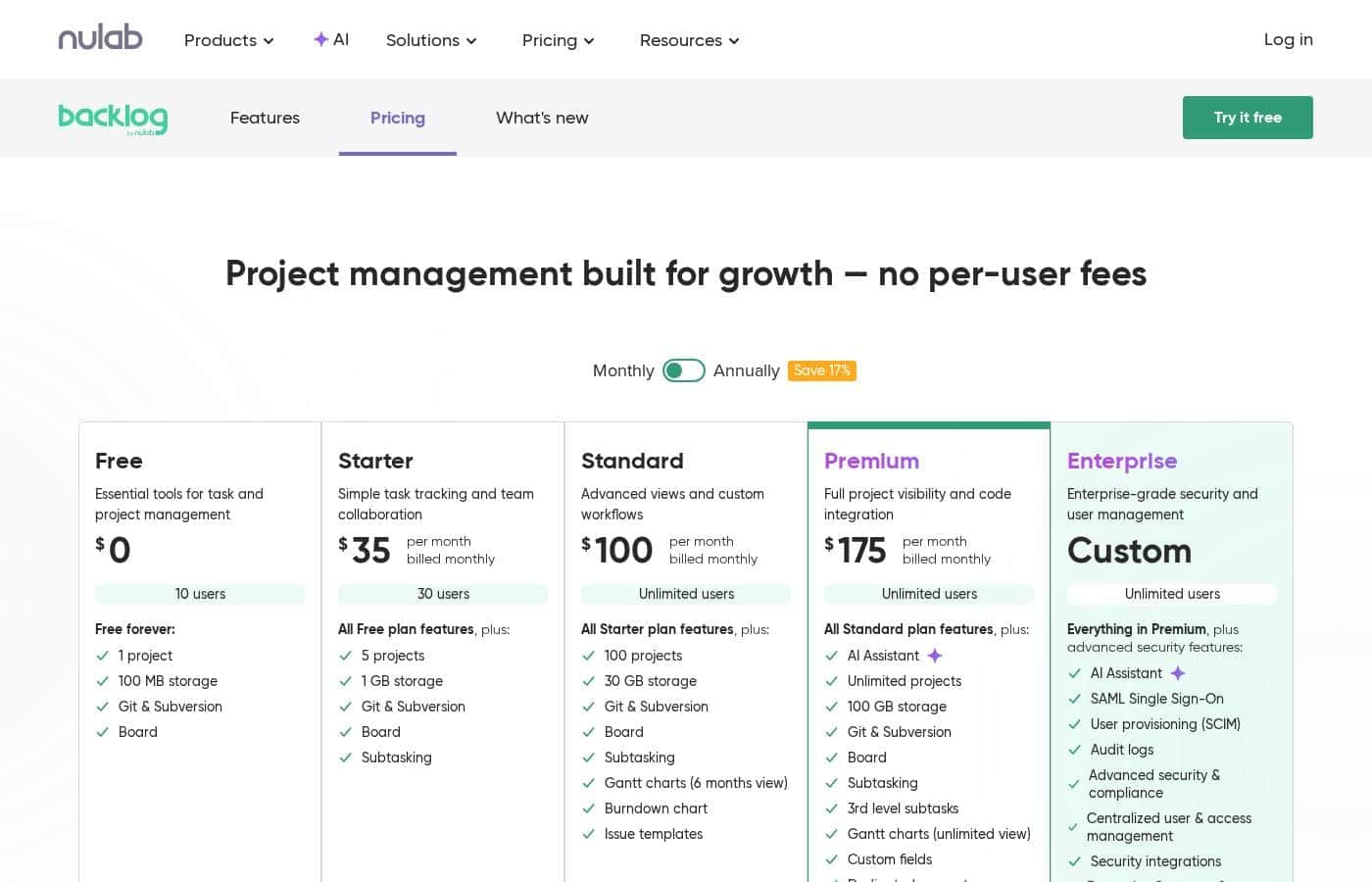 Capture d'écran de la page tarifs de Backlog by Nulab Inc