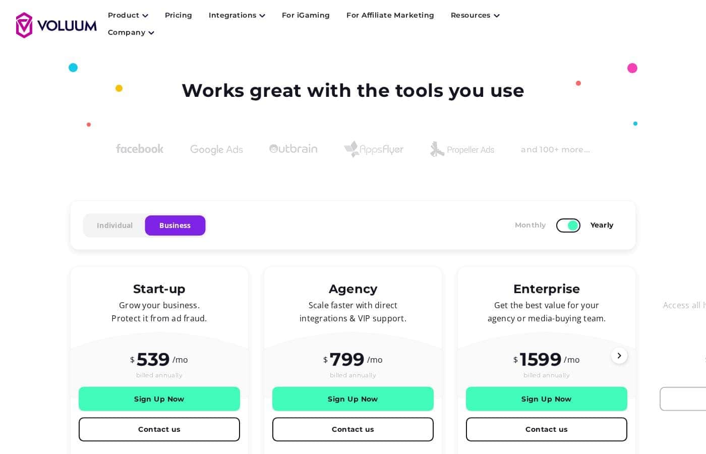 Voluum pricing page screenshot