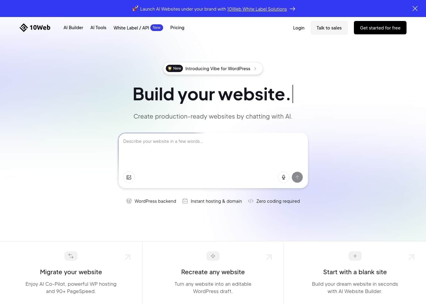 10Web 홈페이지 스크린샷