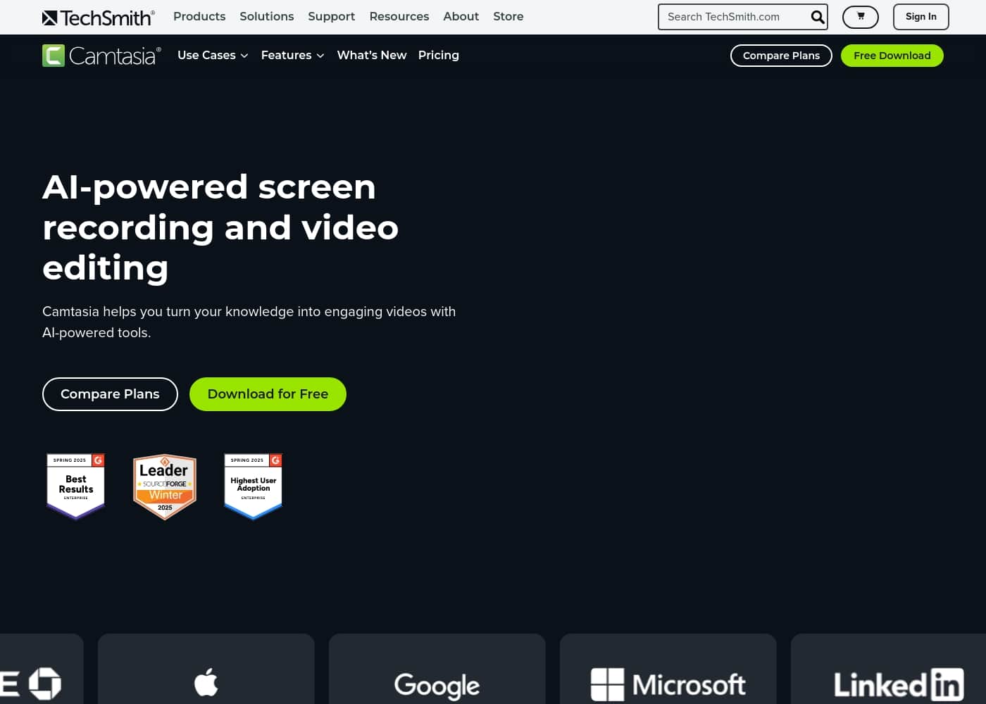 Camtasia homepage screenshot