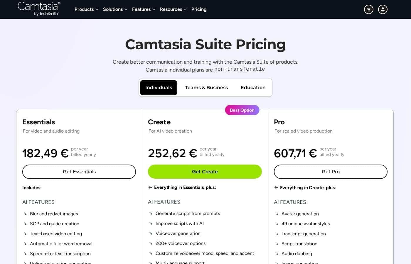 ภาพหน้าจอหน้าราคาของ Camtasia