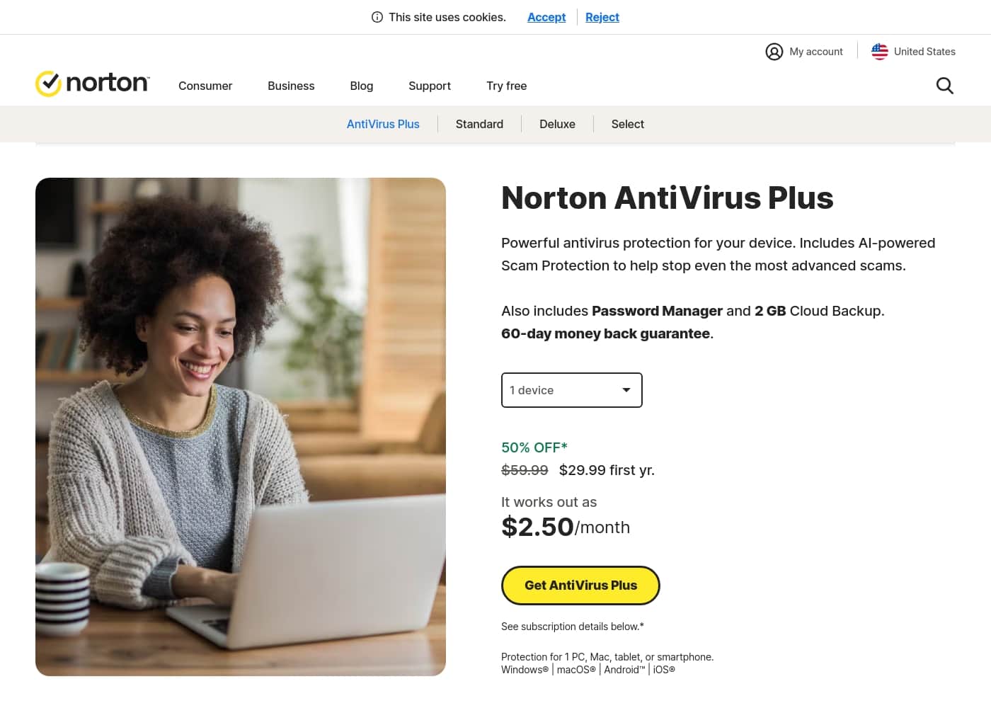 Norton 360 Antivirus Plus 홈페이지 스크린샷