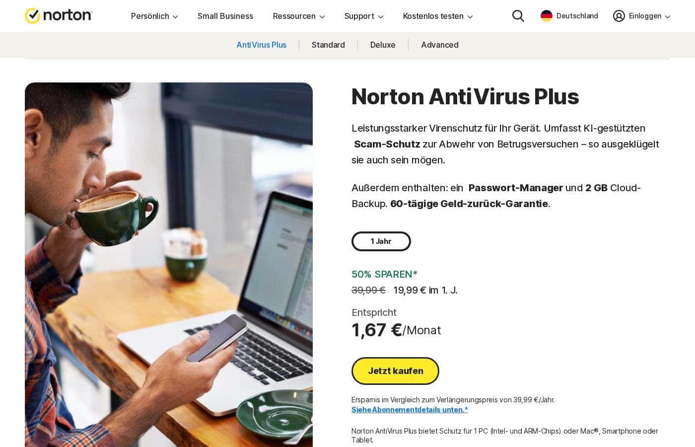 Capture d'écran de la page d'accueil Norton 360 Antivirus Plus