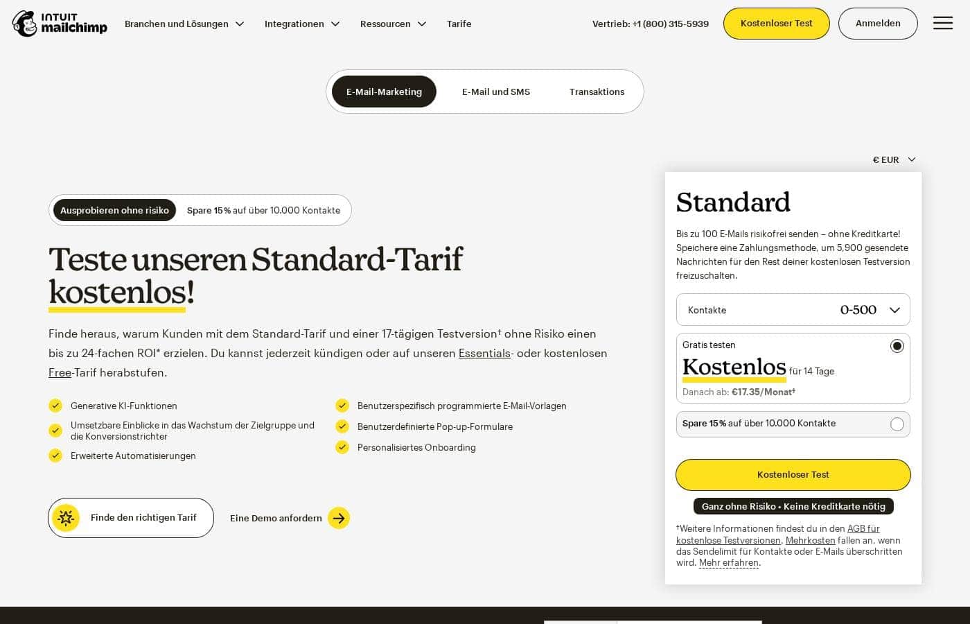 Mailchimp pricing page screenshot