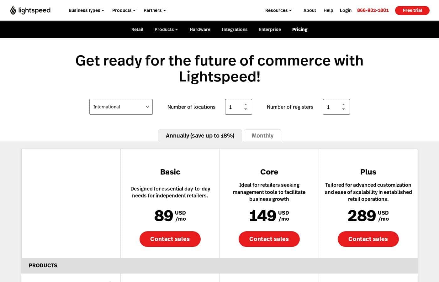 Screenshot della pagina prezzi di Lightspeed