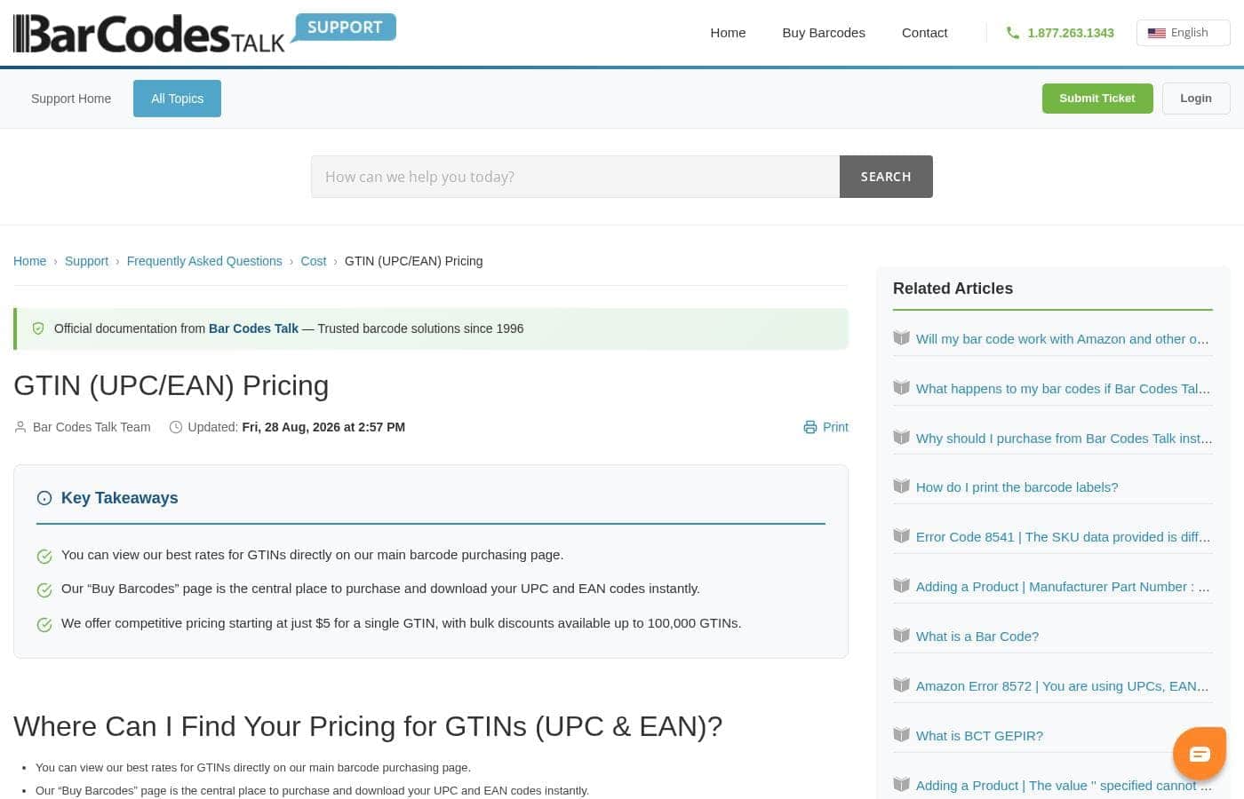 Bar Codes Talk pricing page screenshot