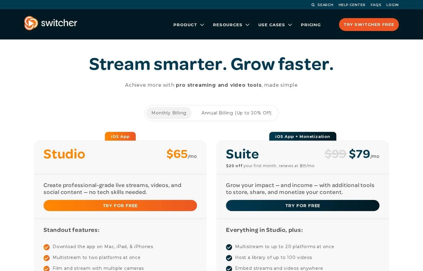 Switcher Studio pricing page screenshot