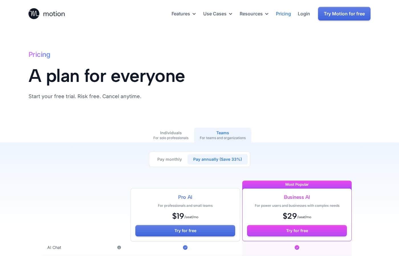 Motion pricing page screenshot