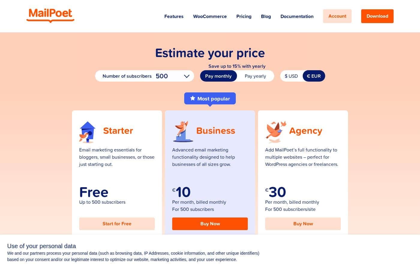 Mailpoet pricing page screenshot