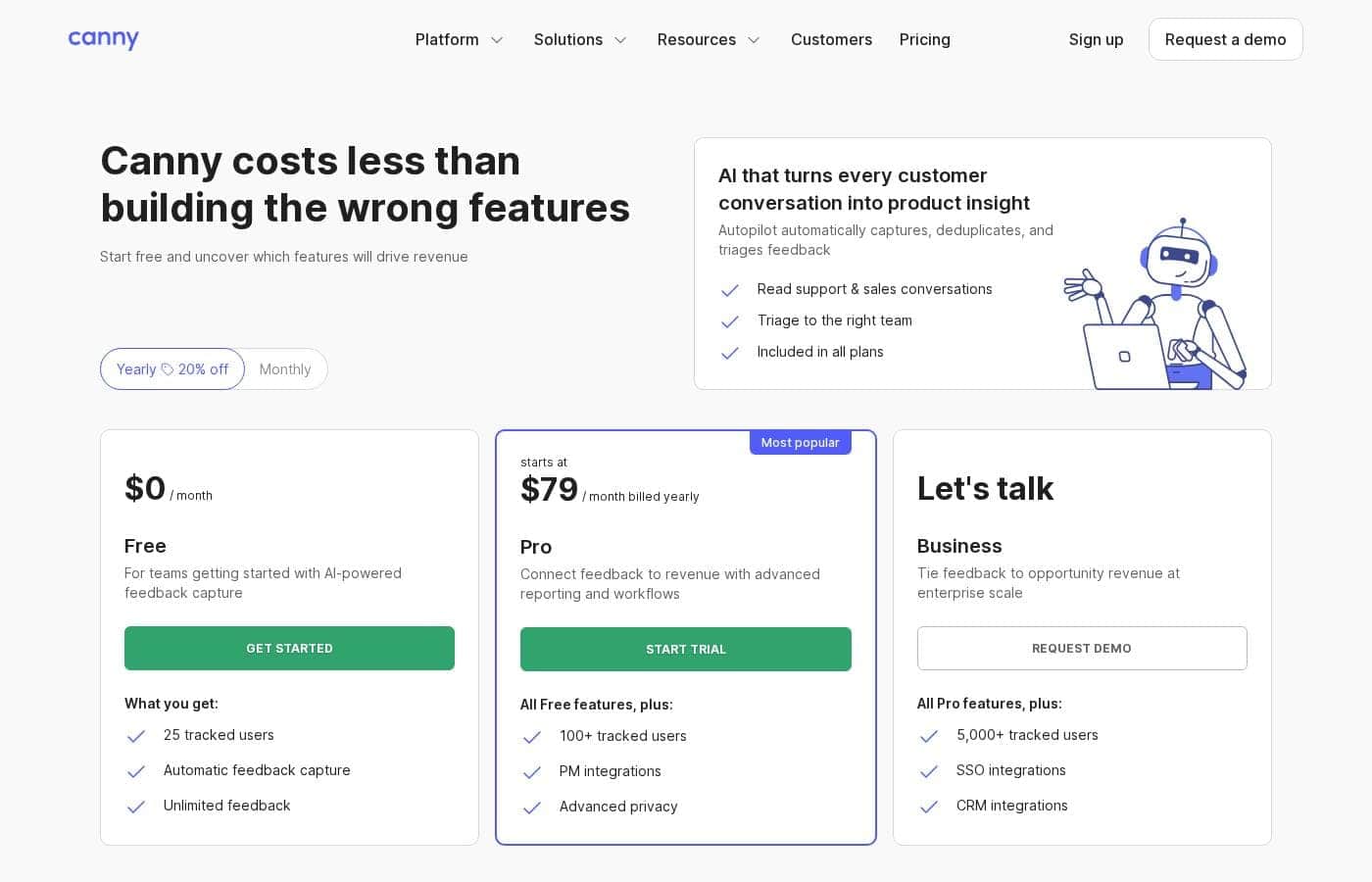Canny pricing page screenshot
