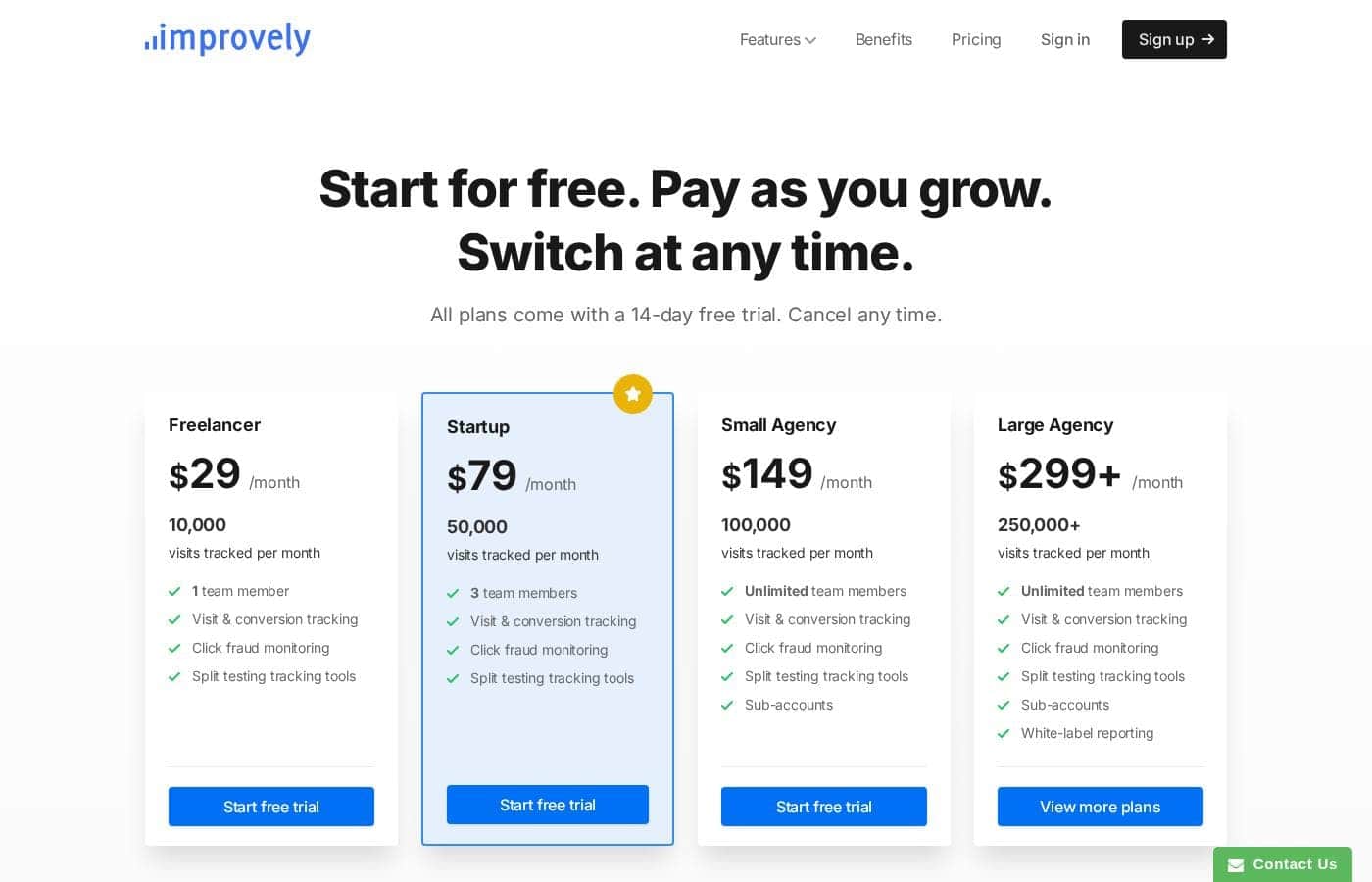 Improvelyの料金ページのスクリーンショット
