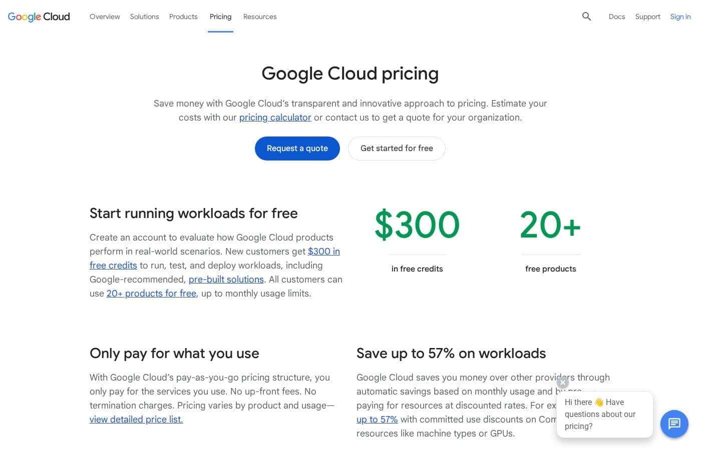Google Cloud pricing page screenshot