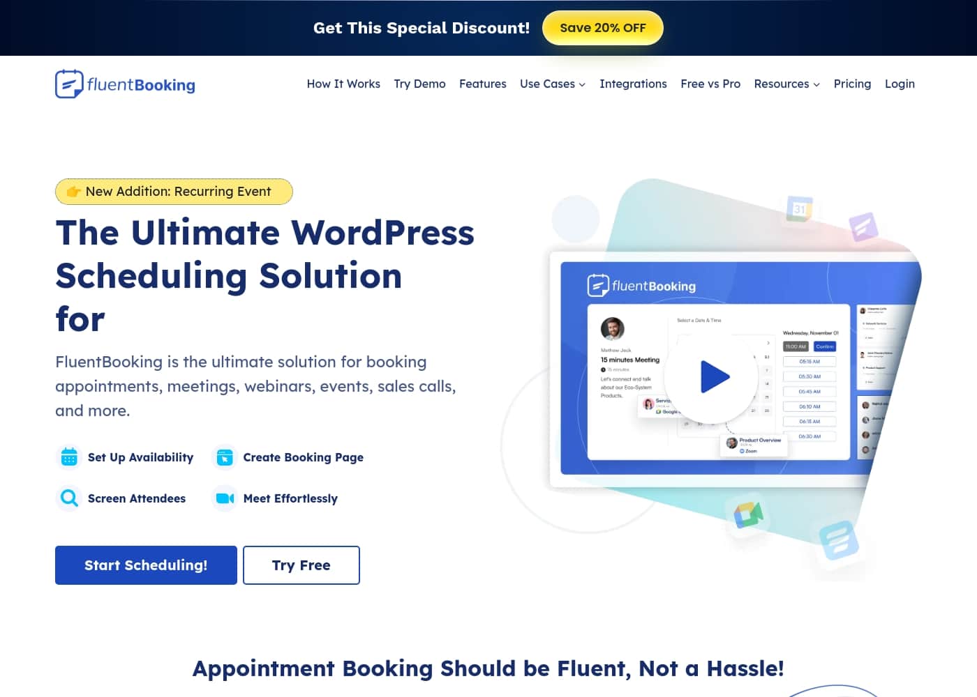 Captura de pantalla de la página de inicio de FluentBooking