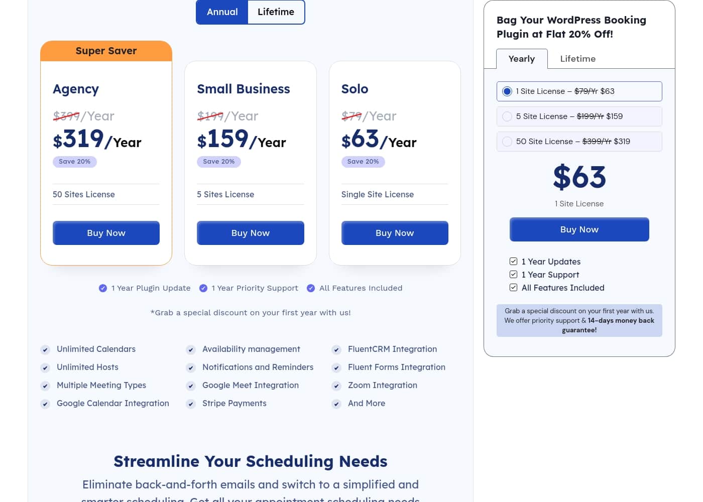 FluentBooking pricing page screenshot